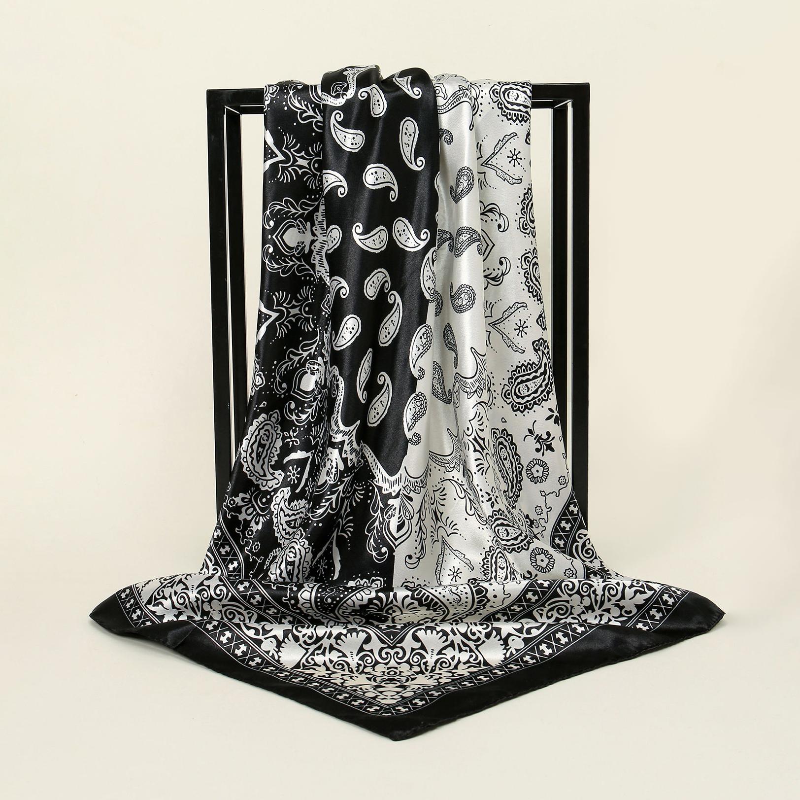 90*90Cm Cashew Print Square Scarf Women Soft Satin Silk Shawl Handkerchief Ladies Paisley Scarves Hijab Splicing Colors Bandana