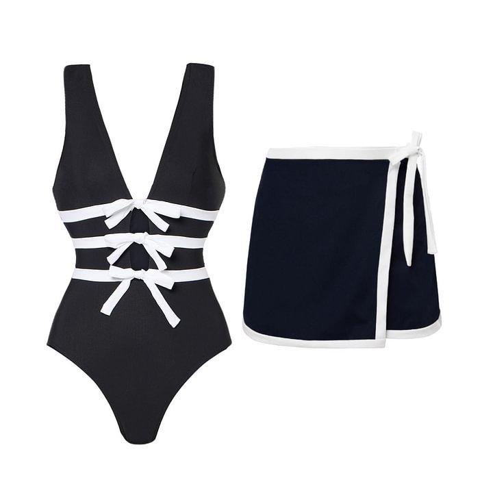 1011 European and American New Fast-selling Black and White V-neck Bow Hollow One-piece Swimsuit Female Thin 11191