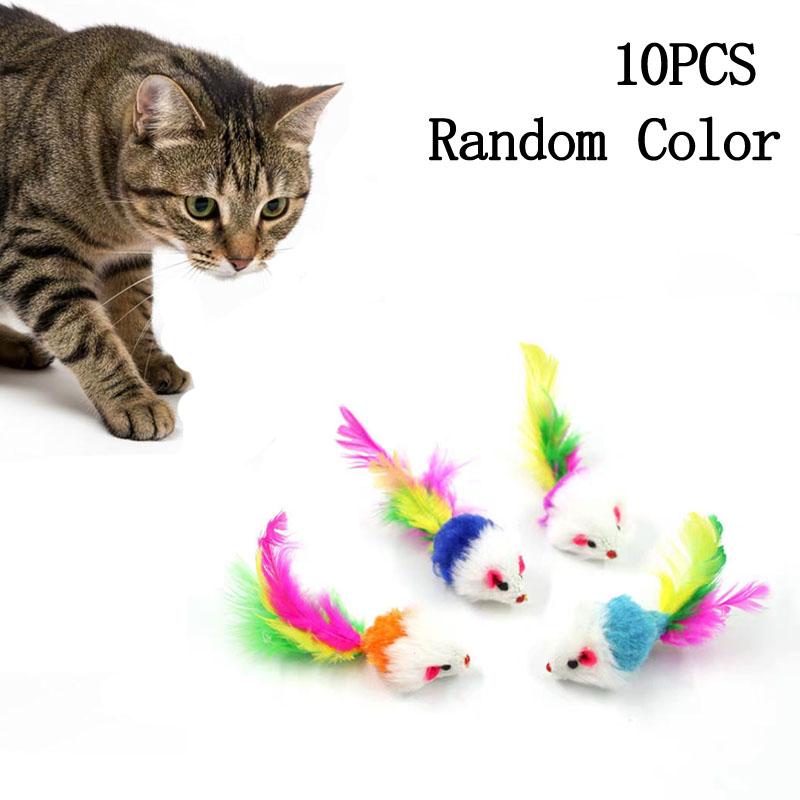 

10PCS Cat Mouse Toy Cat Feather Tail Mice Toys Interactive Plush Pet Cat-Toy Random 10PCS(Random Color)