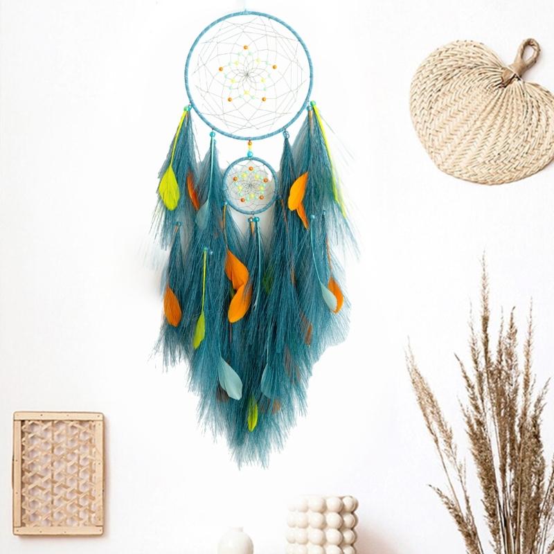 Handcrafts Feathered Dreamcatchers Ornament with Pampas Grass and Colorful Beads Hanging Decors for Home Wall Decoration
