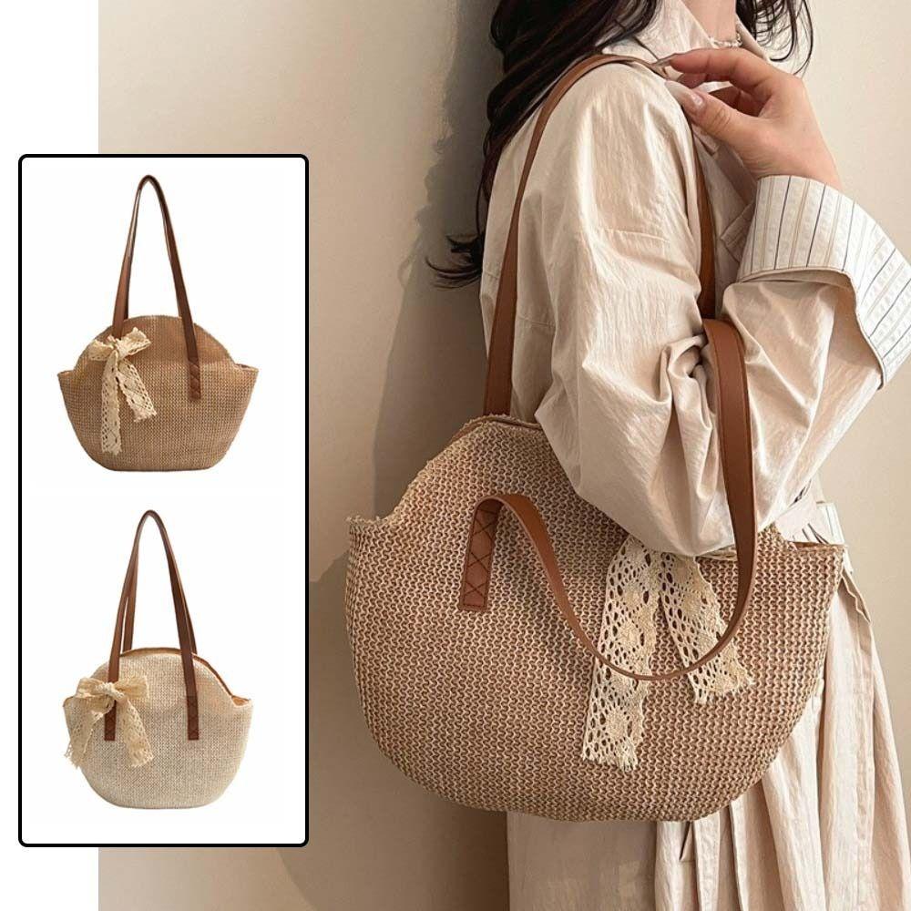 Sweet Straw Woven Tote Bag Large Capacity with Bow Ribb Commuting Shoulder Bag Lightweight Khaki Seaside Vacati Handbag