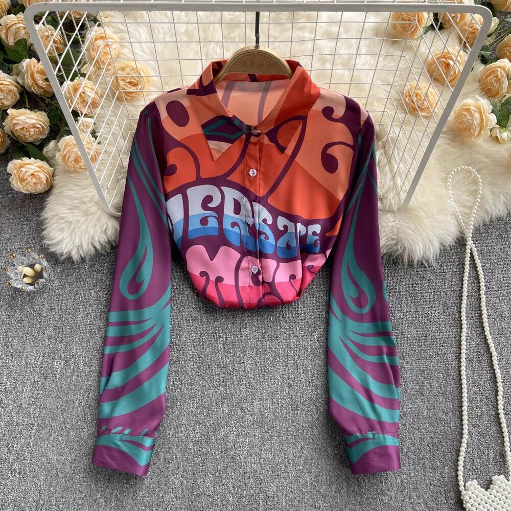 European Station Spring New Fashion Brand Letterhead Print Retro Baroque Style Leisure Vacation Shirt Women's Slim Fit