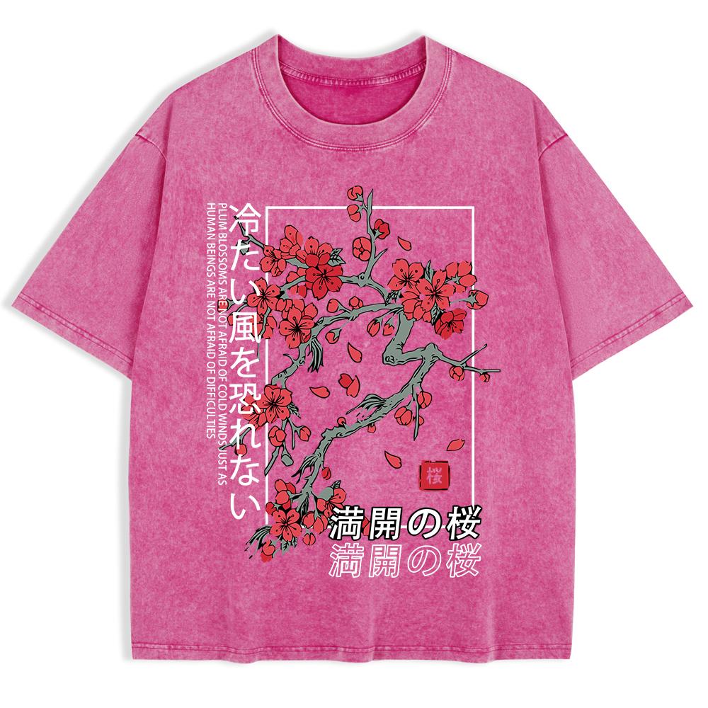 Japan Tokyo Körsbärsblomma Tryckta Tvättade T-shirts Herr Bomull Kortärmade Toppar Sommar Rund Hals Överdimensionerad T-shirt Kläder