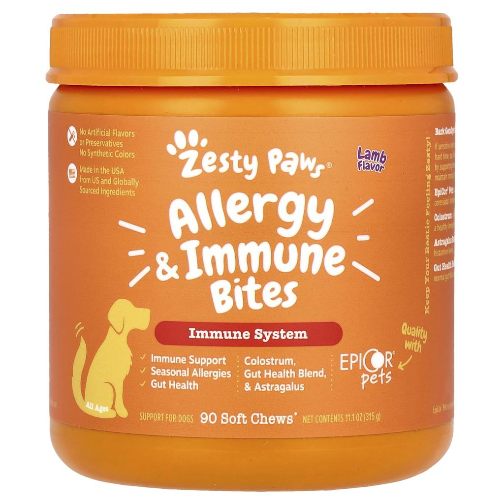 Zesty Paws Allergy Immune Bites for Dogs, All Ages, Lamb, 90 Soft Chews, 11.1 Oz (315 G)