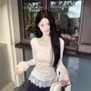 Song Zheng En Women's Apricot Lace Long Sleeve Slim Fit T-shirt for Autumn/Winter