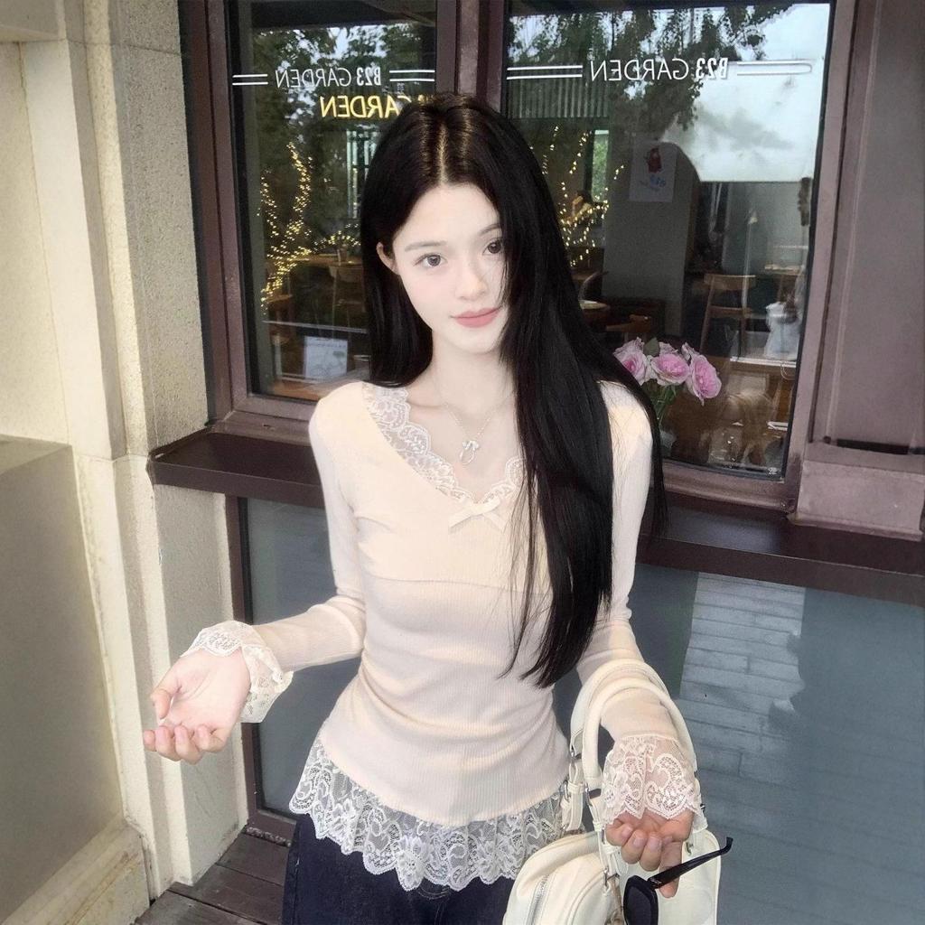 Song Zheng En Women's Apricot Lace Long Sleeve Slim Fit T-shirt for Autumn/Winter