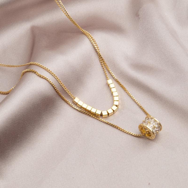 316L Stainless Steel New Fashion Fine Jewelry 2-Layer Cube Embed Zircon Beading Charm Chain Choker Necklaces Pendant For Women