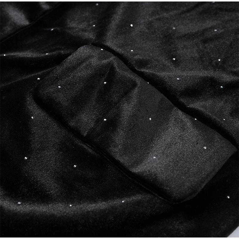 Velvet Diamond Decorated Black Blazer Woman Loose V-neck Suit Coat Fashion Casual Full Sleeve Solid Jacket Commute Spring Autumn