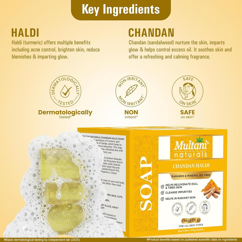 Multani Naturals Chandan Haldi Soap 125 g Pack Of 3 Pcs Hydrating Bath Bar For Glowing Skin Gentle Cleansing For All Skin Types