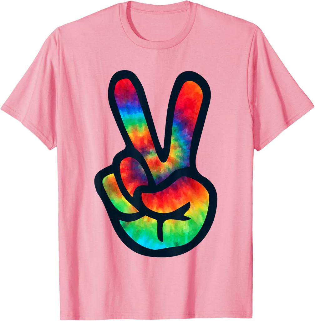 Tie Dye Peace Sign Hippie V Hand Graphic Short Sleeve Cotton Crew Neck TShirt
