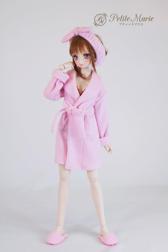 [Petite Marie] 13 DD DDdy Compatible Bathrobe, Slippers, Hair Band 3-piece Set Pink Nightgown Loungewear After Bath Gown Pajamas 60cm Doll (S-L Bust)
