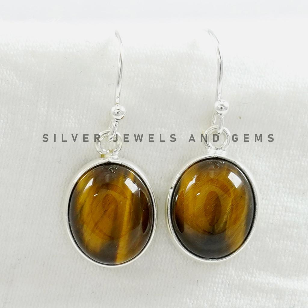 Tiger Eye Earring, 925 Sterling Silver Bezel Earring, Birthday Gift, Light Weight Earring, Oval Gemstone Earring, Handmade Earring