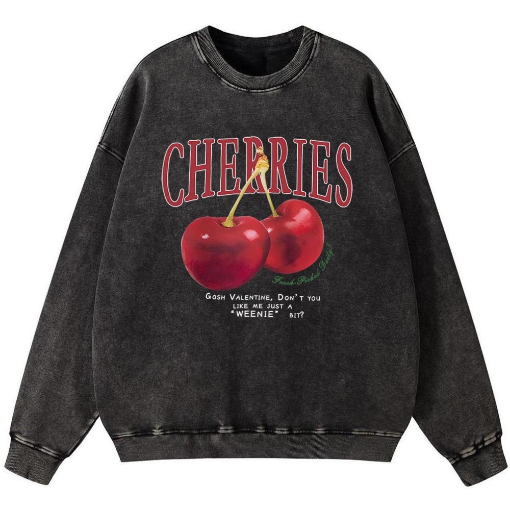 Fresh Red Cherries Printing Girl Vintage Washed Cotton Sweatshirt Pullover Fashion Oversize Hoody Thin style Tops