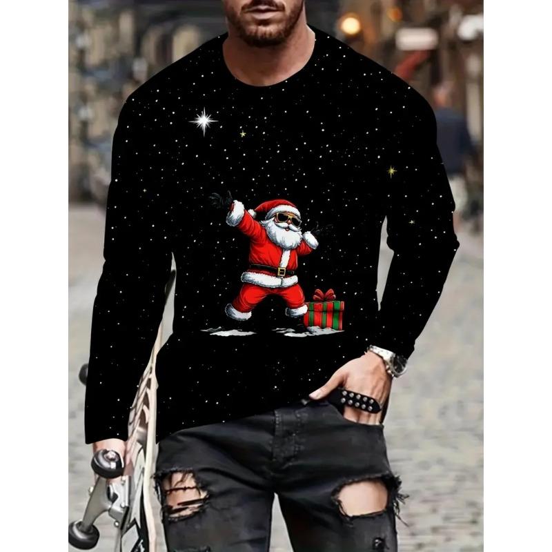 Men's T-Shirt Santa Claus 3D Print Christmas Men's Long Sleeve T-Shirts Casual Pullover Top Holiday Comfortable Men's Clothing