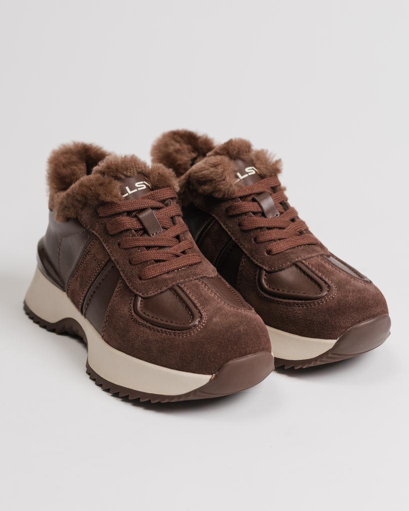Sneakers with Fur Allsy 77127 36 Brown Suede Leather Fur Wool