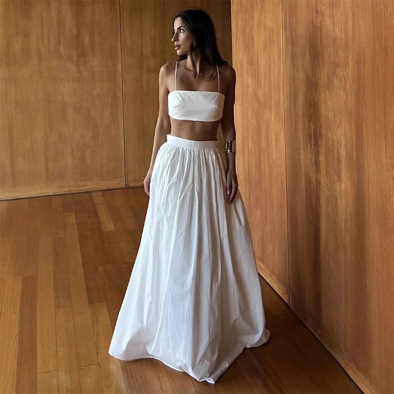 Women Elegant Cotton Camisole Top Casual Skirt Suit 2025 Spring and Summer Fashion Solid Color Sexy Wrapped Vest Long Skirt Set