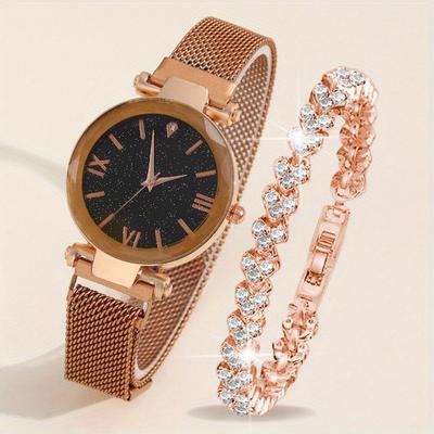 2pcs/set Women's Elegant Watch Fashion Casual Stainless Steel Mesh Band Wrist Watch & Bracelet, Best Gift for Her
