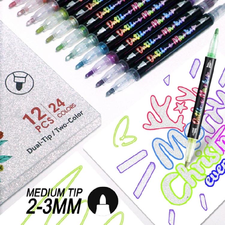 Outline Pen Set, 12Pcs Metallic Outline Marker Pens Gifts Card Writing Double Line Outline Pens Metallic Paint Markers