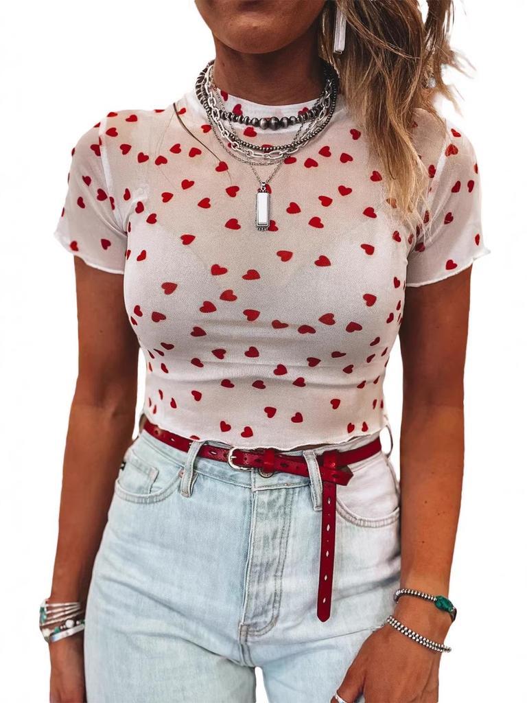 Shi Ying EU Size Women's Valentine's Heart Pattern Semi-High Neck 3/4 Sleeve Top