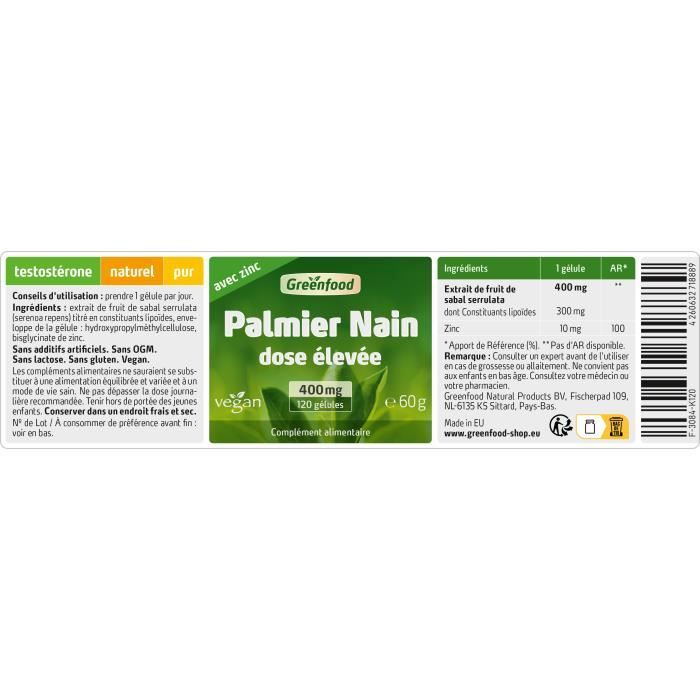 Greenfood palmier nain, 400 mg, extrait à dose élevée (75%), 120 gélules – sans additifs artificiels, sans génie génétique. vegan.
