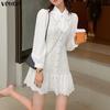 Women Casual Bow Knot Neck Long Sleeve Lace Crochet Patchwork Elegant Ruffled Dress