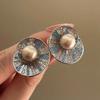 Retro High-end Diamond Stud Earrings with Small Shells and Pearls. Unique Design. Shell-shaped Colored Diamond Earrings.