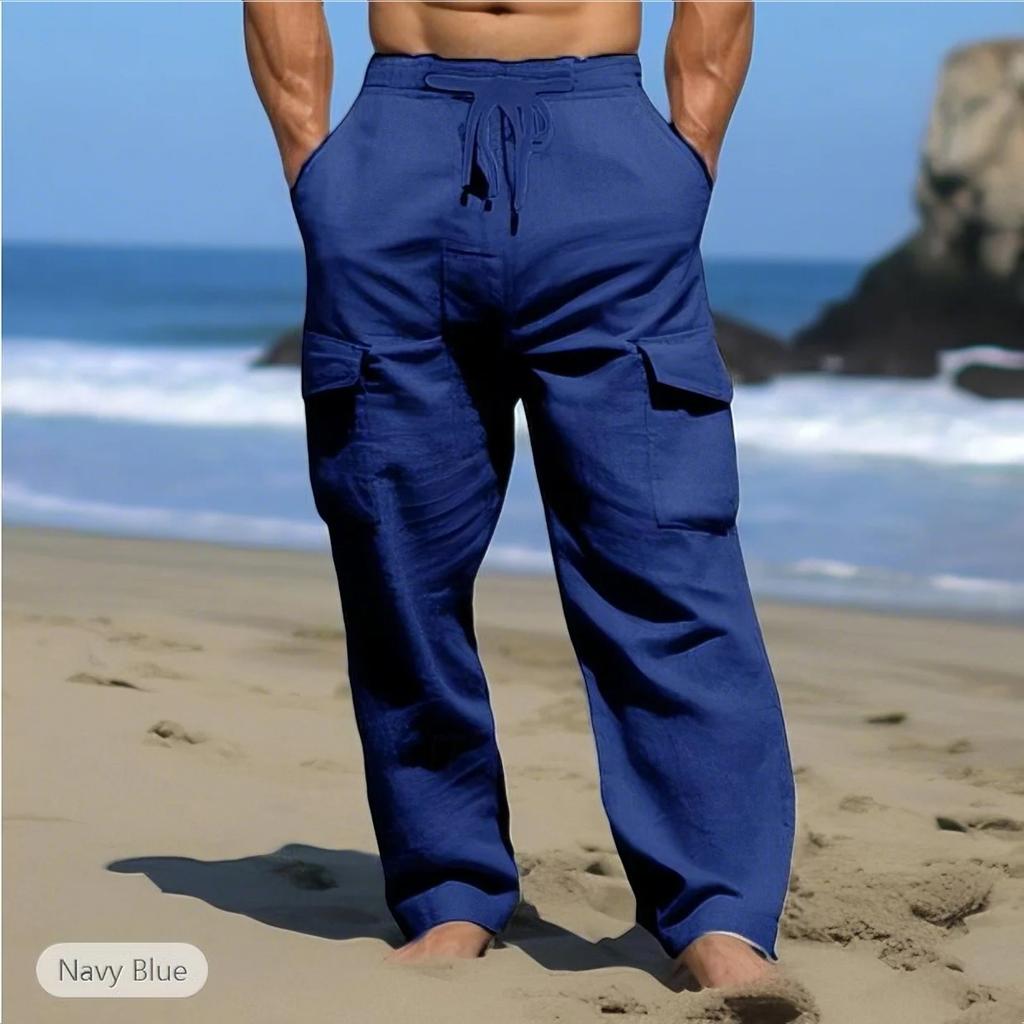 Summer Comfortable Breathable Outdoor Men's Pants Pull Rope Multi-pocket Straight Leg Daily Outdoor Cotton Hemp Casual Pants