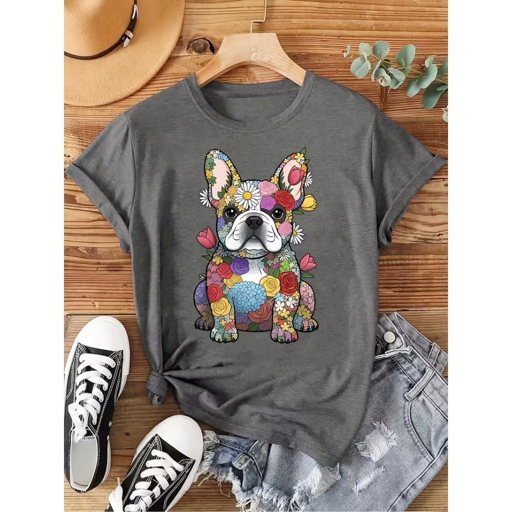 Plus size women s short sleeve T-shirt Floral Dog With Flowers And Syringe soft and comfortable fabric summer outfits women s M