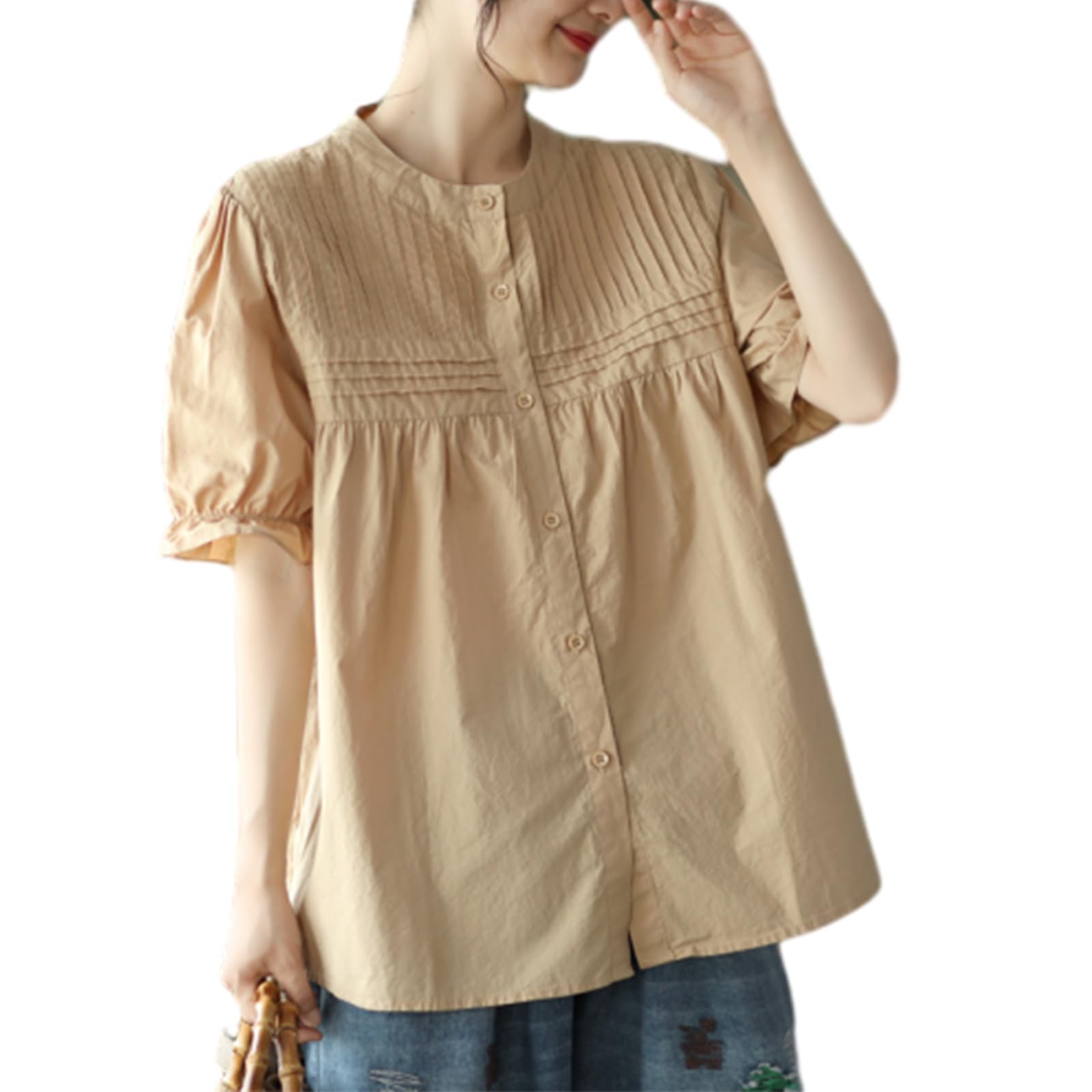 

рубашки для ретро повседневной летней носки [OGCPWYQZ] Женские с коротким рукавом, топы, блузки, шикарные, стройнящие, закрывающие фигуру, свободные, повседневные, модные, однотонные,