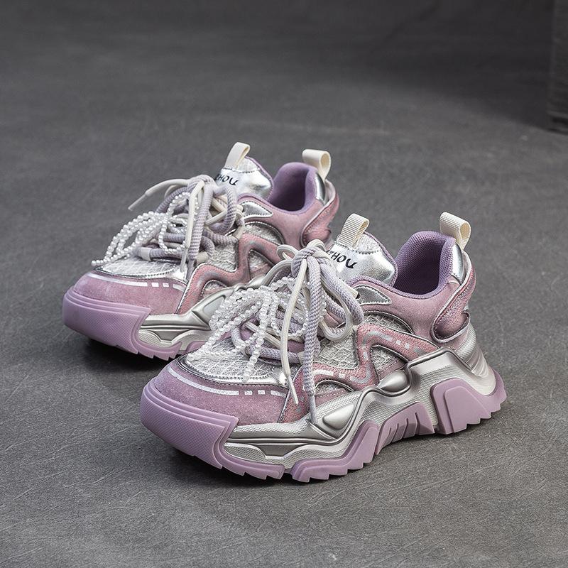 

5 см Воздушная сетка Микрофибра Свиная кожа Летние Блестящие Комбинированные цвета Модные Ботильоны с вырезами Массивные кроссовки Женская обувь 40 фиолетовый