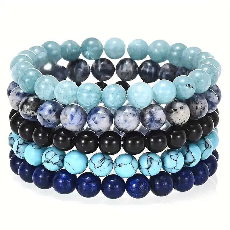 1 Set Vintage Men's Multi Bracelet Set Round Natural Stone  Colorful  Agate Crystal  Women Perfect for Boho Party