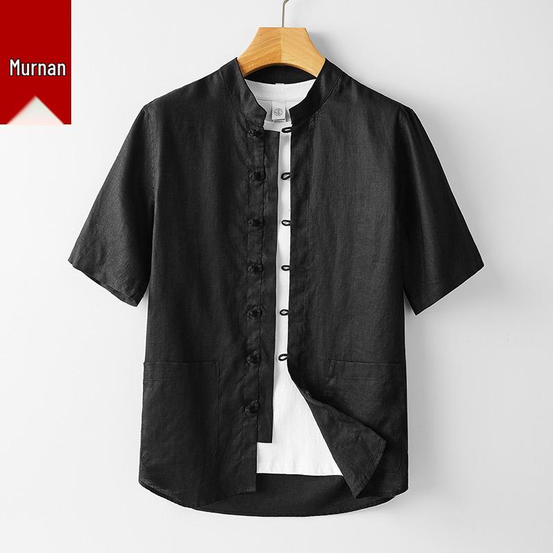 Herrskjorta i kinesisk stil, linne, uppstående krage, kortärmad, retro