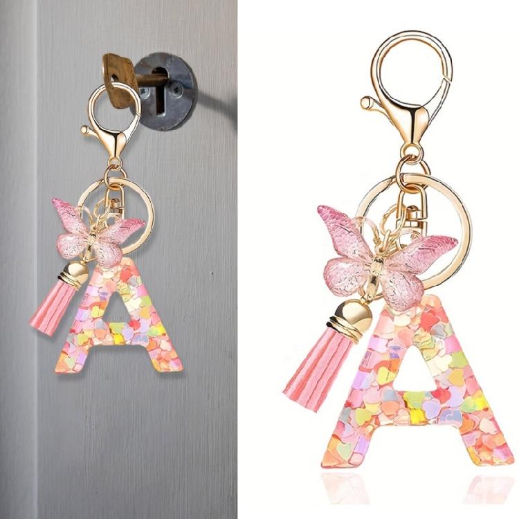 Fashionable Crystal Letter Keychain Sparkling Butterfly Tassels Charm Keyring Ornament for Women Girls Accessories