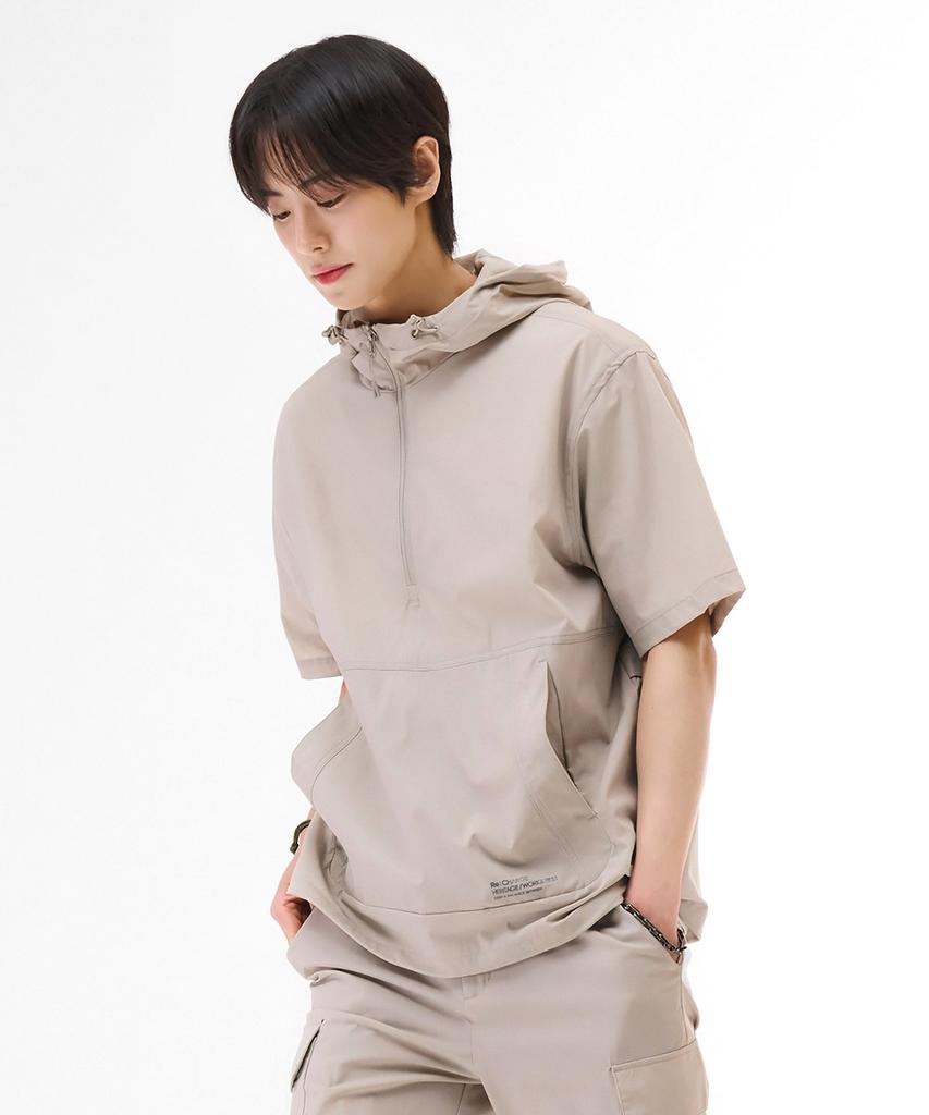 CHASECULT Unisex Cool Stretch Hooded Short Sleeve Anorak T-Shirt - Beige