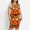 Women Plus Size Round Neck Short Sleeve Halloween Raccoon Pumpkin Printed Asymmetric Top Fitted Skirt Two Piece Set