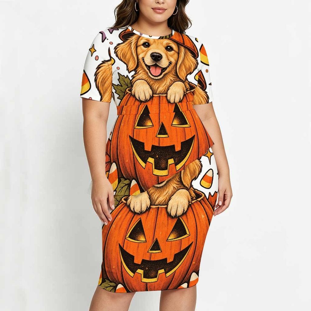 Women Plus Size Round Neck Short Sleeve Halloween Raccoon Pumpkin Printed Asymmetric Top Fitted Skirt Two Piece Set