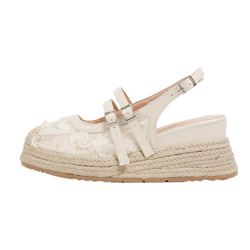 Fashion 2025 Summer Closed Toe Sandals Women's New Lace Mesh Hollow Breathable Platform Shoes Straw Fisherman Shoes with Skirt