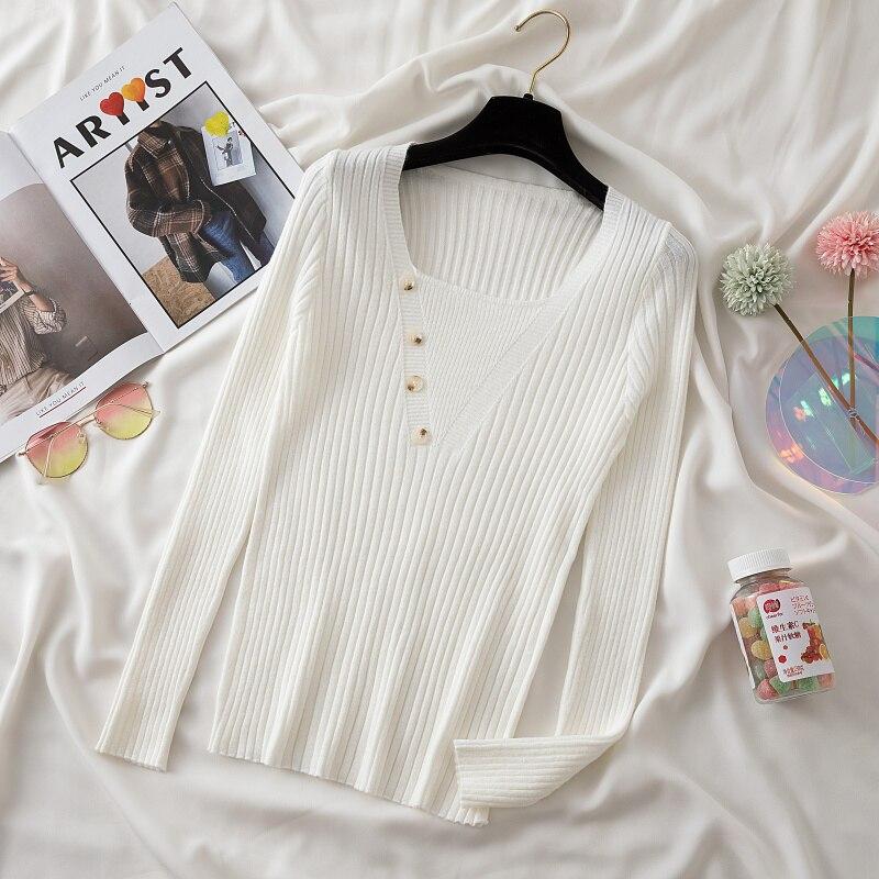 

Осенние тонкие женские пуловеры с длинными рукавами, свитера с квадратным вырезом на пуговицах, вязаные топы 2023, модные повседневные однотонные джемперы 28731 One Size белый