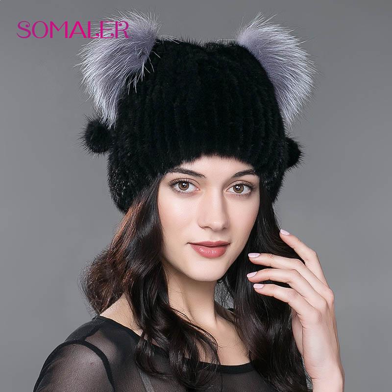 

Изысканная женская зимняя шапка с симпатичным дизайном кошачьих ушек с пумпонами из норкового меха