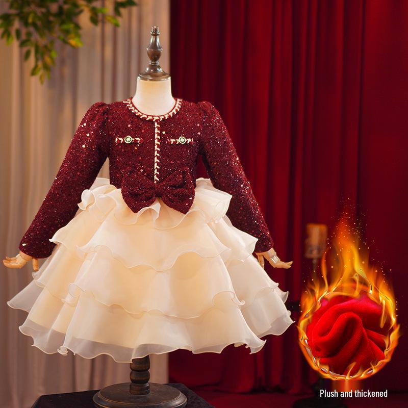 Girls' Wine Red Sequin Skirt with Bow & Tulle - Autumn/Winter Formal Christmas Dress