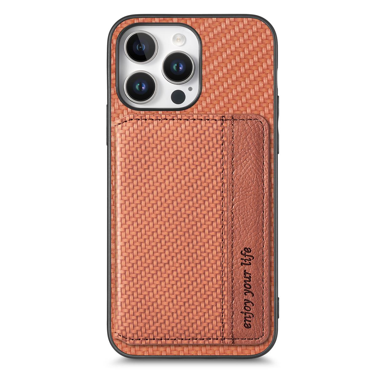 

C1-02 For iPhone 16 Pro Max Case RFID Blocking Card Holder Carbon Fiber Leather+PC+TPU Phone Cover Brown