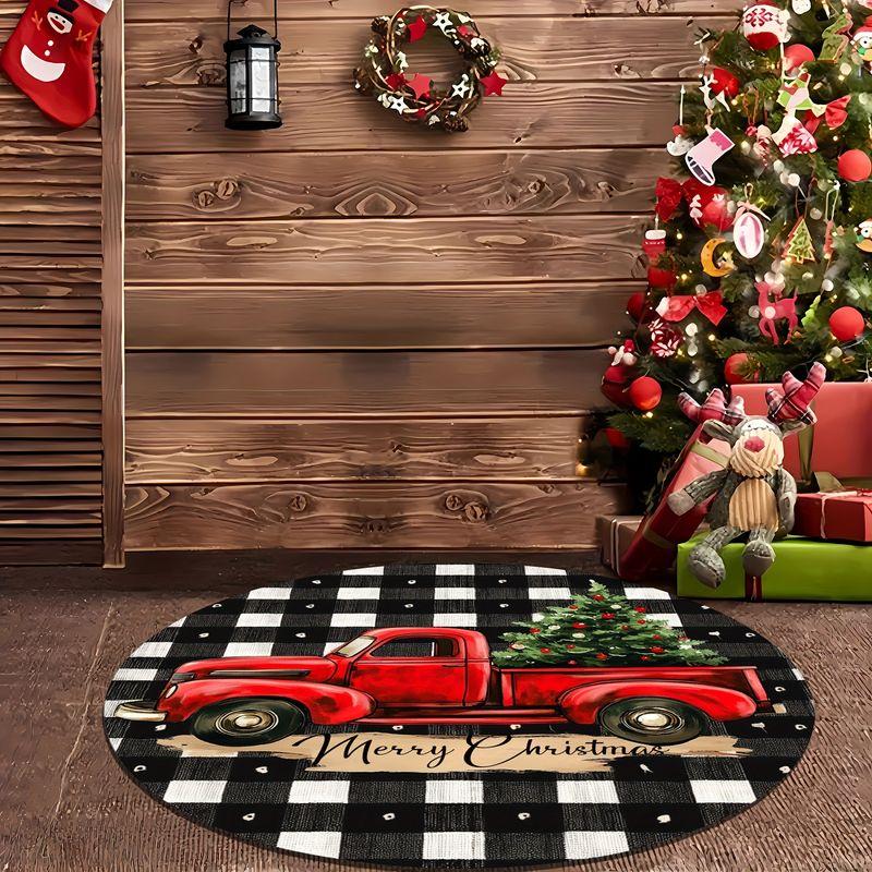 Christmas Round Rug Red Pickup Truck Xmas Tree Buffalo Plaid Print Soft Non Slip For Living Room Bedroom Dining Decor