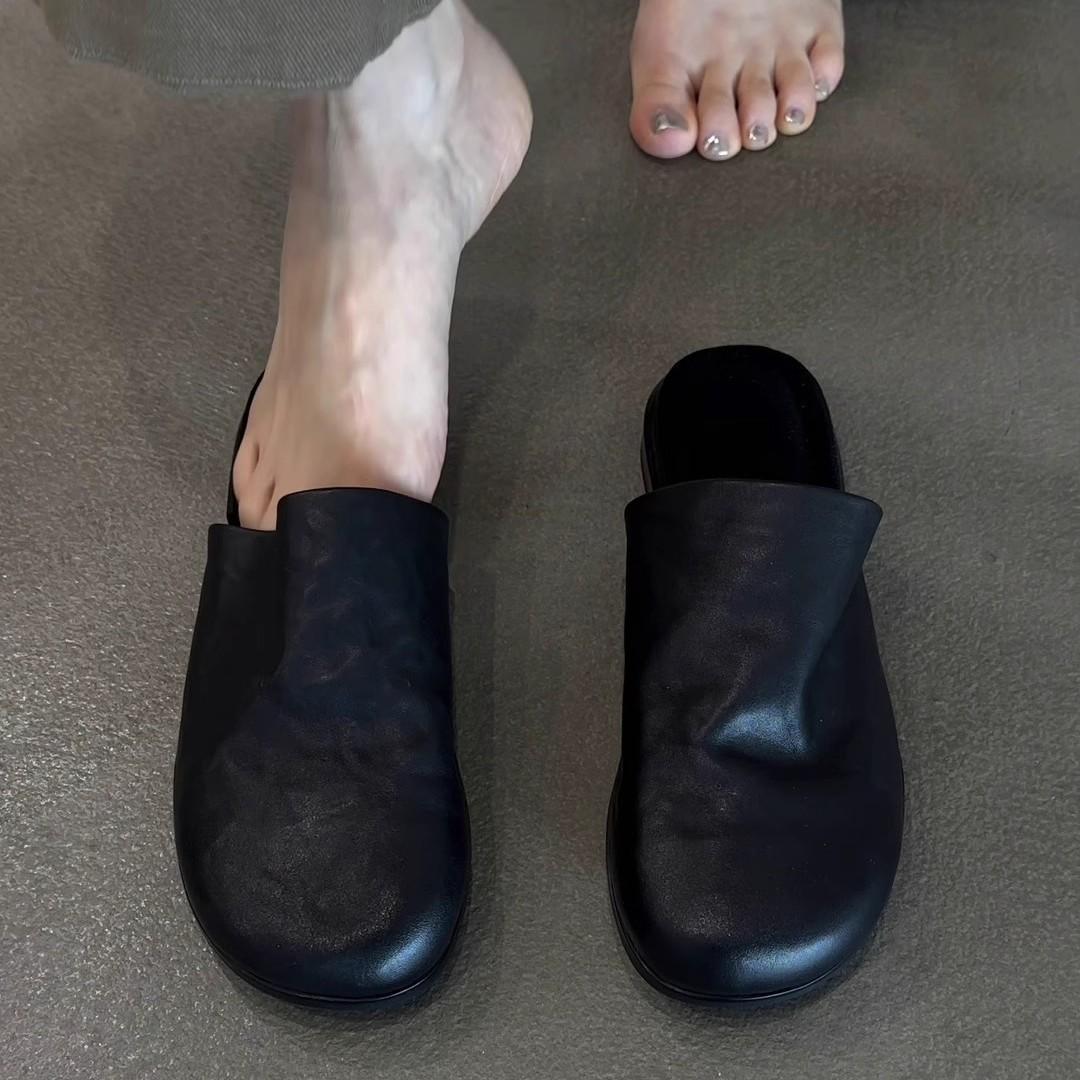 

Soft sheepskin~ One-pedal lazy leather bag head sandals women s summer black commuting versatile wear Muller half slippers 39