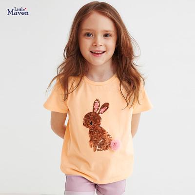 Little Maven 2024 Baby Girls Summer T-shirt Lovely Pink Rabbit Sequin Tops Soft and Comfort Casual Clothes for Kids Tees