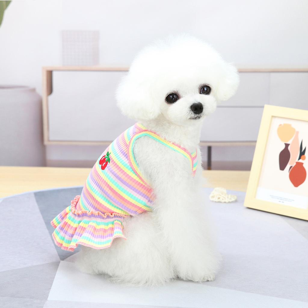 Dog Clothes Summer Thin Small Dog Teddy Princess Dress Suspender Bichon Frize Cat Color Strip Embroidered Cherry