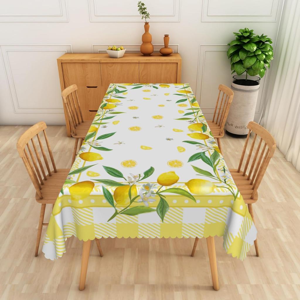 Summer Lemon Leaves Floral Tablecloth for Table Decor Reusable Rectangle Table Cover for Garden Theme Party Kitchen Dining Decor