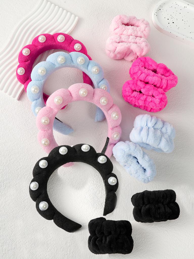 Wash Face Headbands Coral Fleece Pearl Hair Bands Cuff Waterproof Bands Absorbent Wristbands Head Band Hair Parts Set