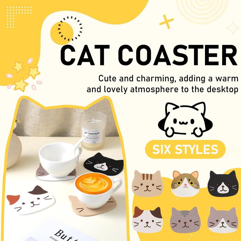 Balení 6 ks Vtipné podložky pod hrnce s kočkami, Silikonové podložky pod hrnce na konferenční stolek, Dekorace restaurace, Protiskluzové podložky pod nápoje, čaj, Domácí svatební dary