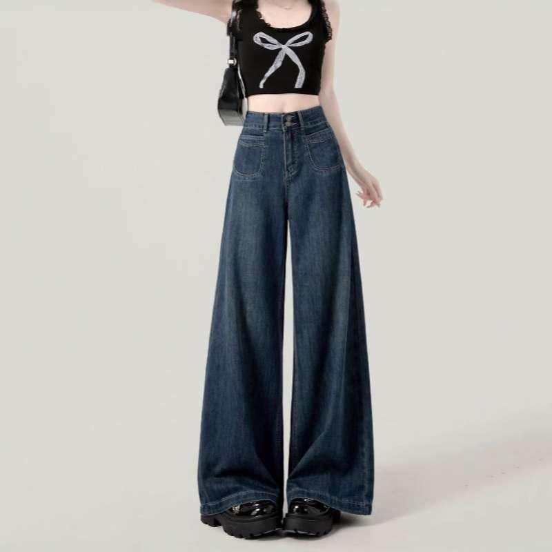 

Autumn 2026 Plus Size High Waist Wide Leg Jeans in Dark Blue – Women s Retro Loose-Fit Slimming Straight-Leg Pants L темно-синий