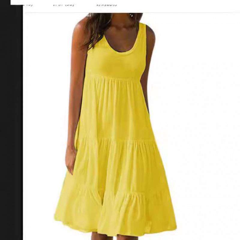 Women's Beach Dress: Sleeveless, Round Neck, Patchwork, Wide Hem, 7 Colors, 8 Sizes